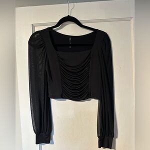 SHEIN Black Ruched Mesh Sleeve Blouse